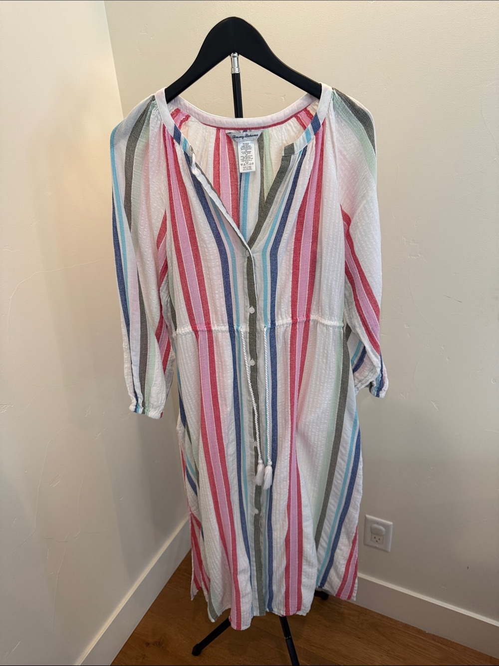 Tommy Bahama Multi-Stripe Button-Front Midi Dress in Pink, Blue, Green, White
